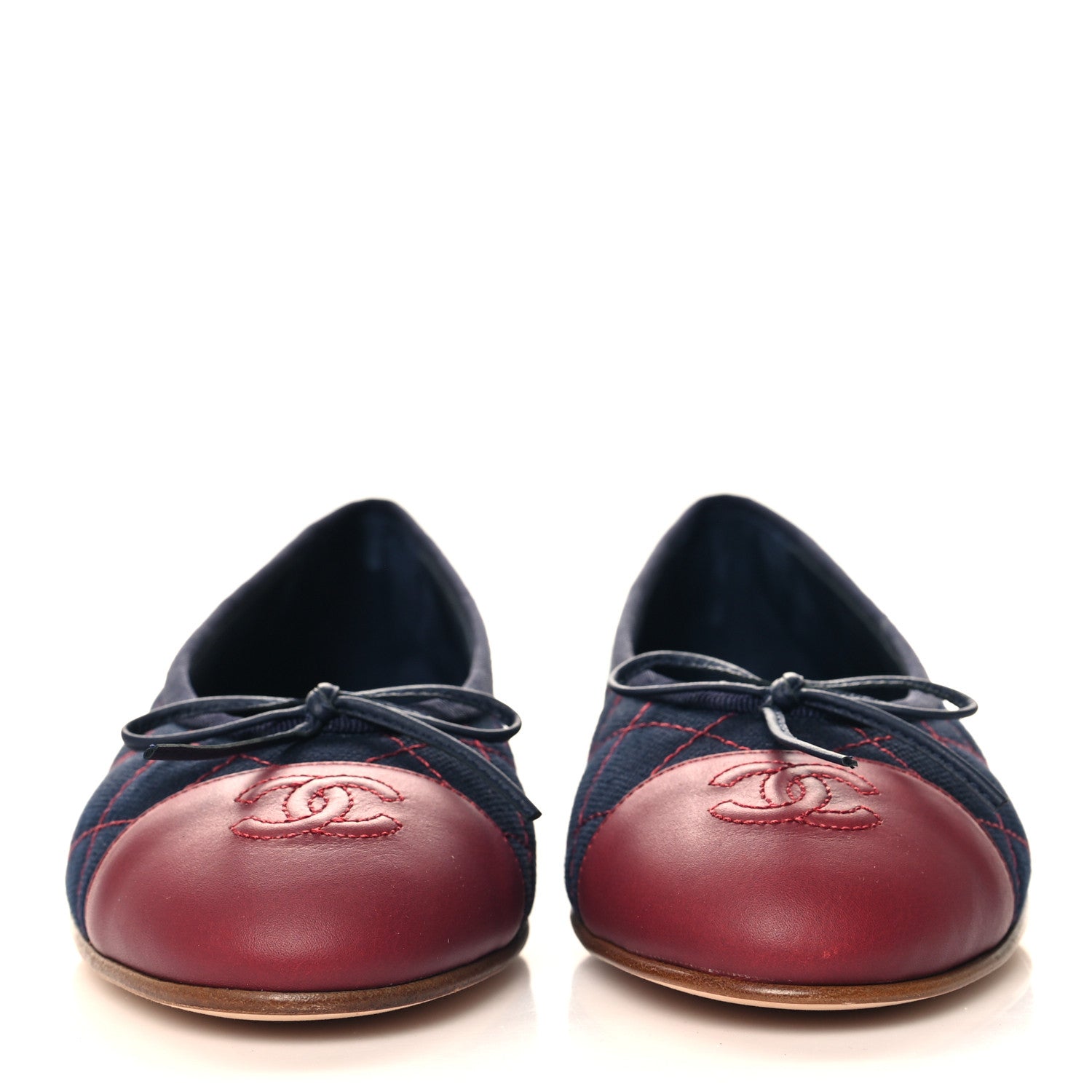 Chanel Canvas Calfskin Quilted Cap Toe CC Ballerina Flats 38.5 Navy Red 3 of 11