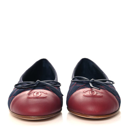 Chanel Canvas Calfskin Quilted Cap Toe CC Ballerina Flats 38.5 Navy Red 3 of 11