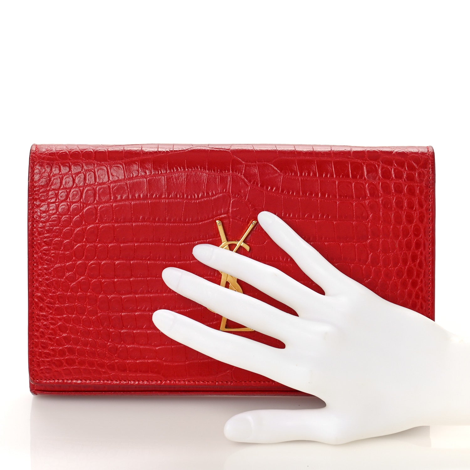 Saint Laurent Calfskin Crocodile Embossed Monogram Chain Wallet New Lipstick Red 2 of 13