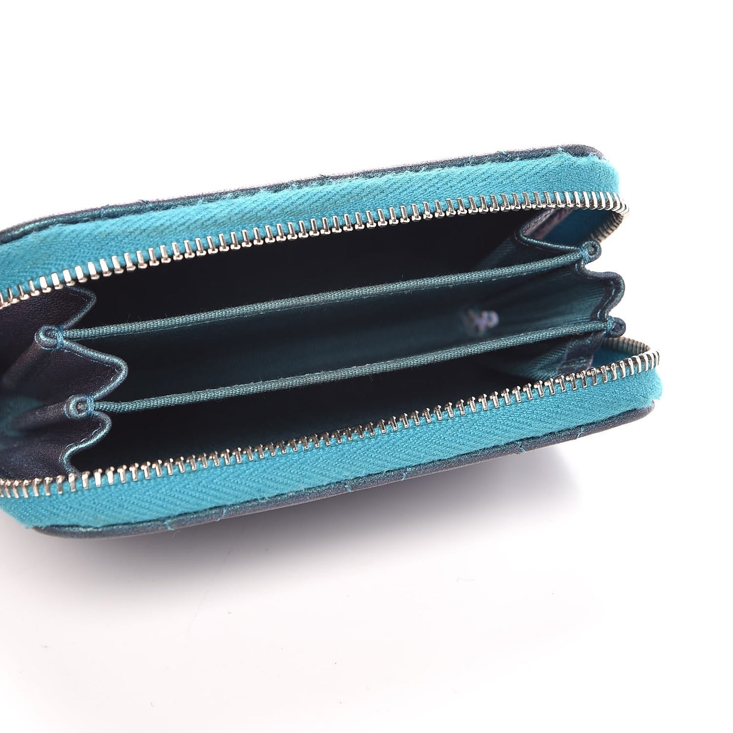 Metallic Lambskin Quilted Zip Around Coin Purse Wallet Turquoise