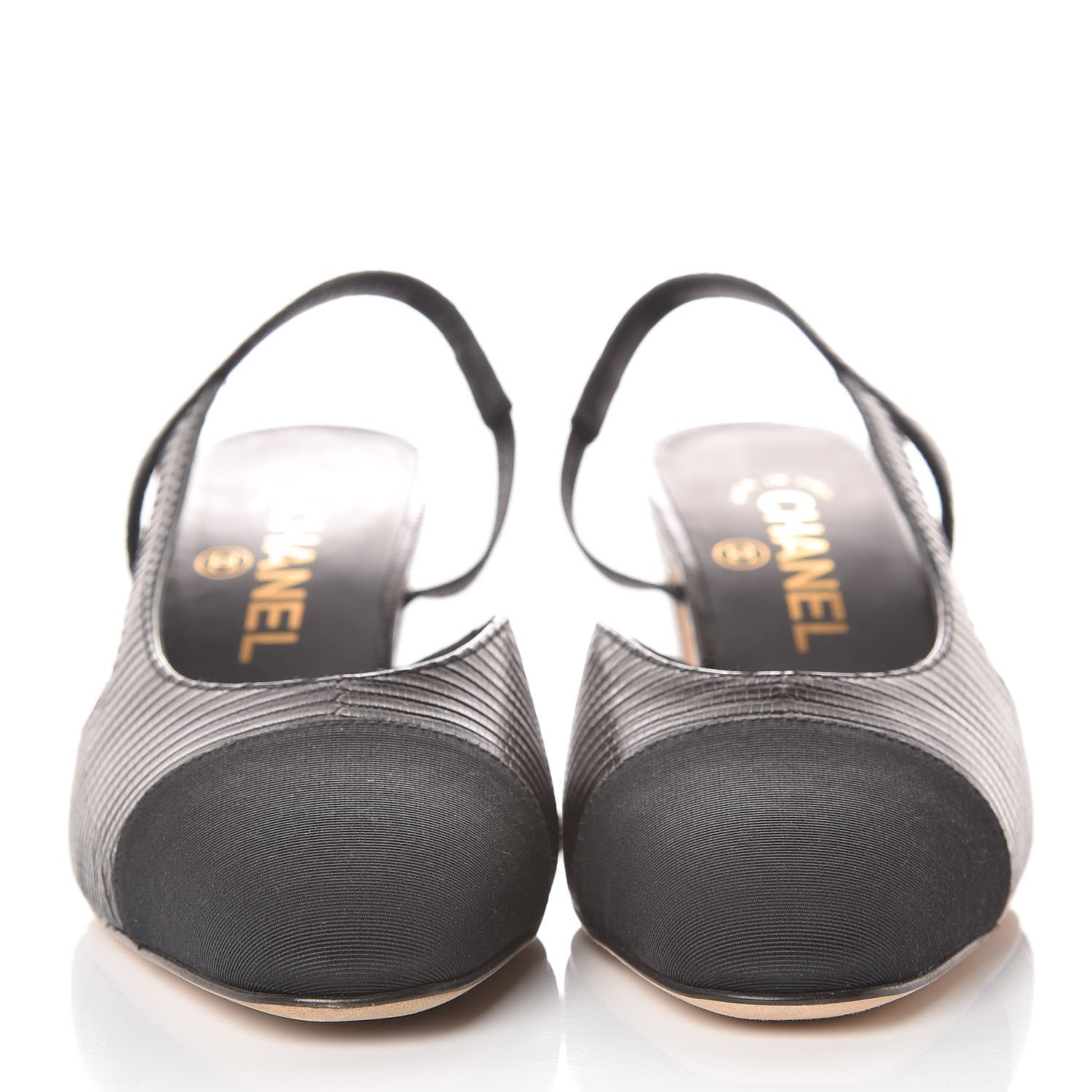 Chanel Lizard Grosgrain Cap Toe CC Slingback Pumps 37 Black 2 of 12
