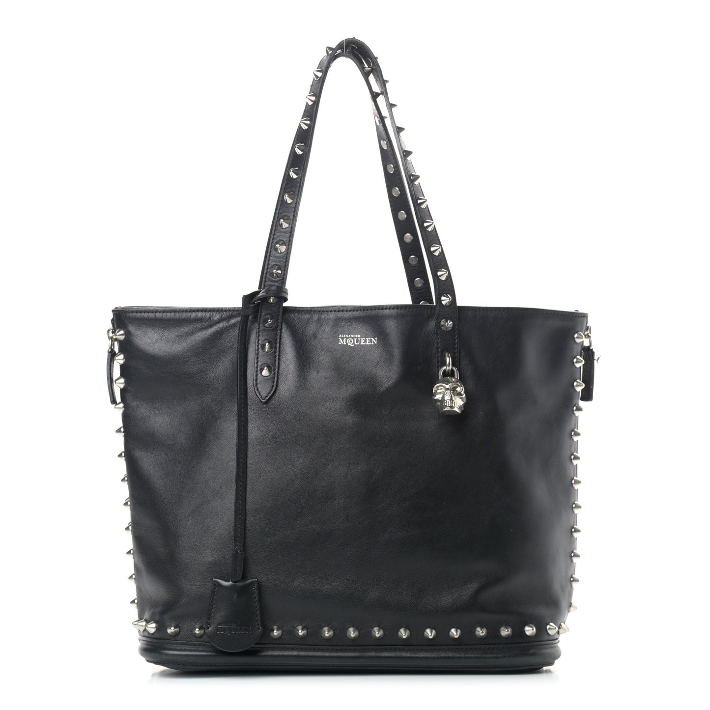 Pebbled Calfskin Skull Studded Padlock Tote Black