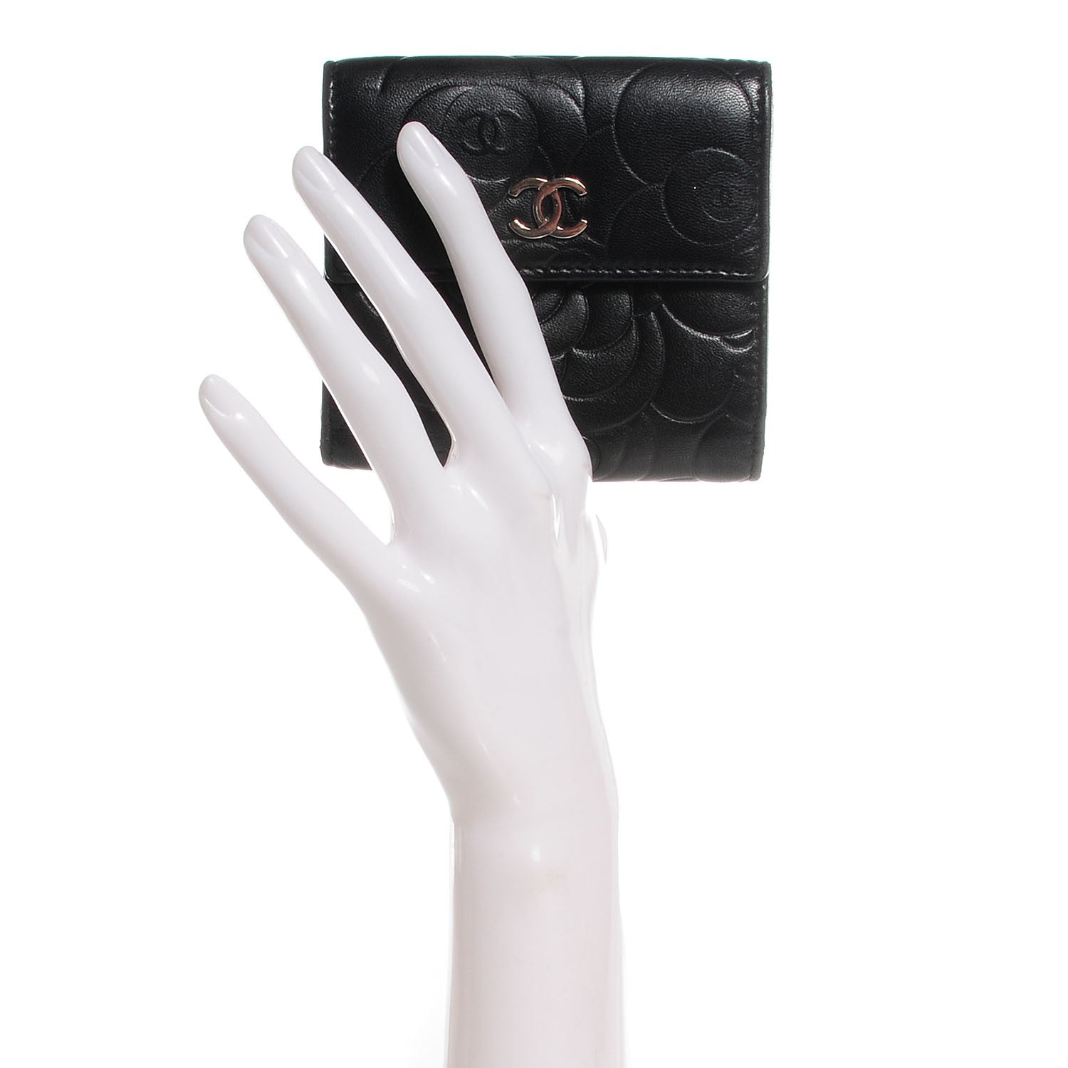 Chanel Lambskin Camellia Embossed French Wallet Black 2 of 9