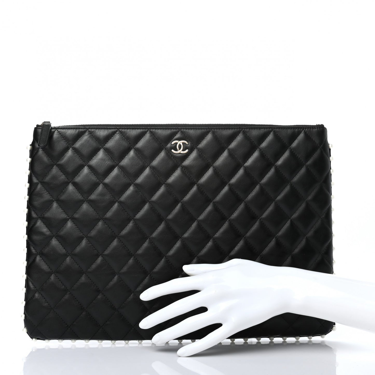 Calfskin Quilted Pearl Large Cosmetic Case Black