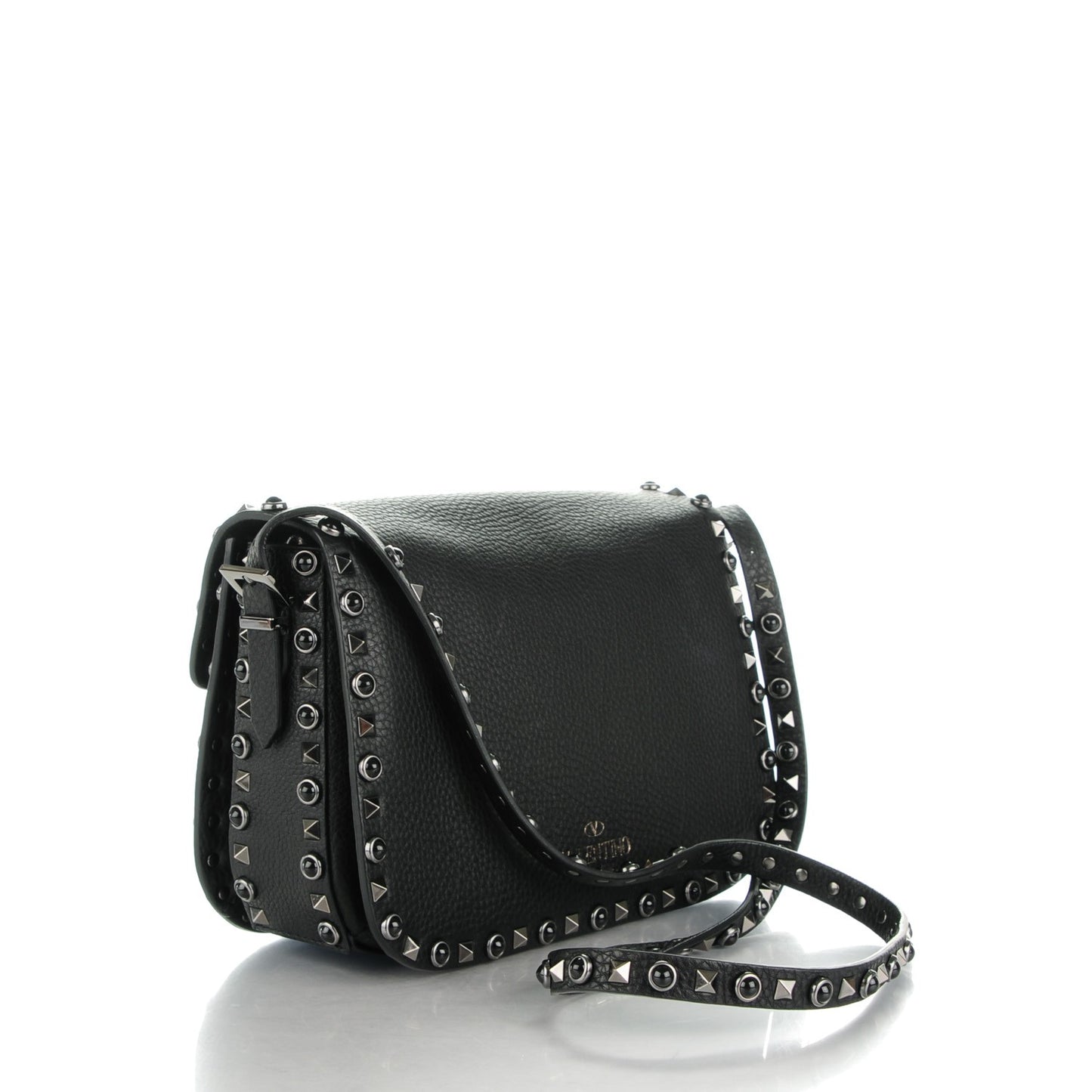 Pebbled Calfskin Onyx Medium Rockstud Rolling Flap Saddle Bag Black