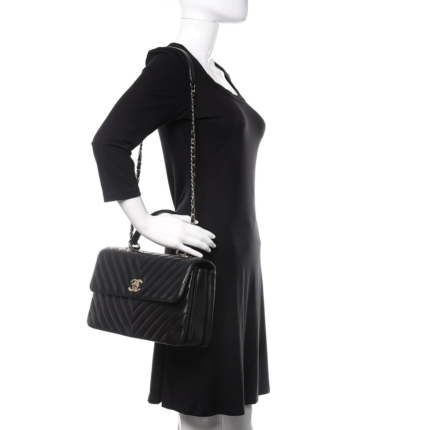 Lambskin Chevron Quilted Medium Trendy CC Dual Handle Flap Bag Black