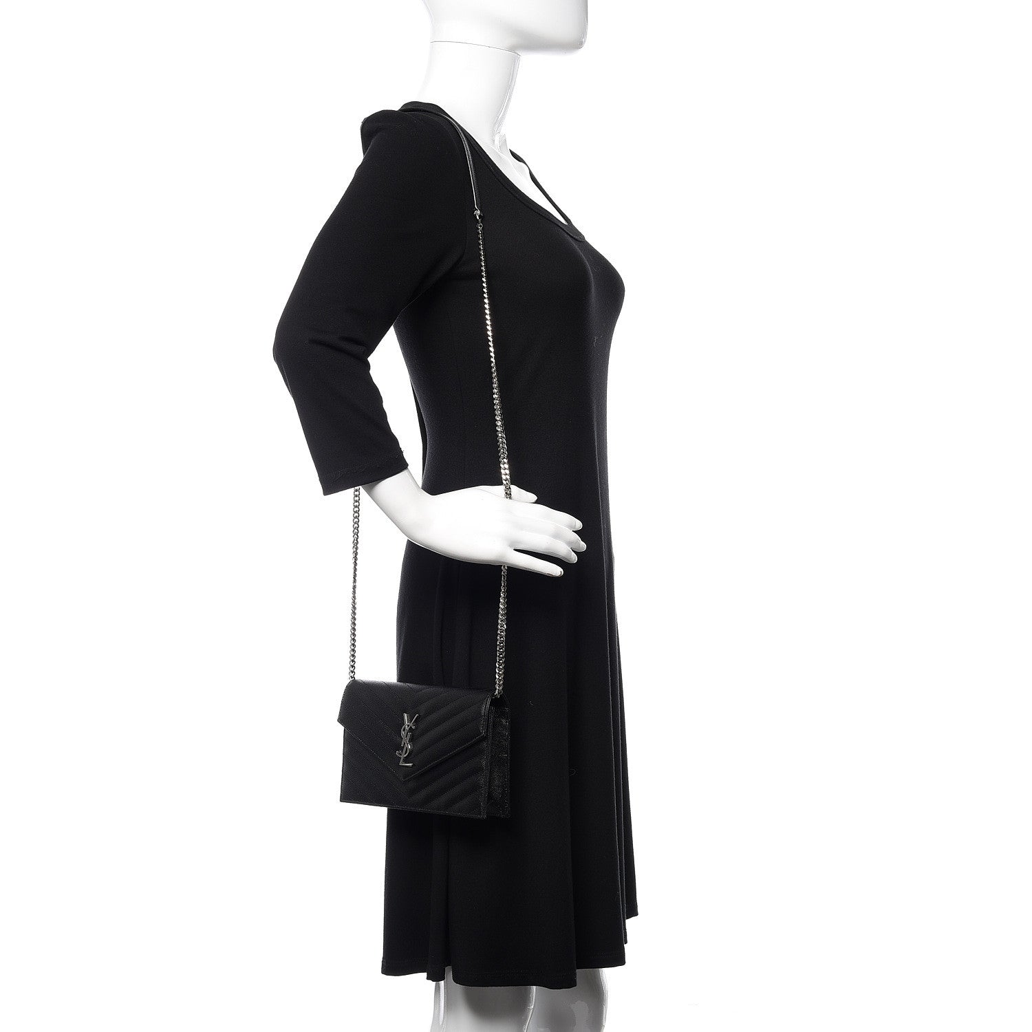 Saint Laurent Grain De Poudre Matelasse Chevron Monogram Envelope Chain Wallet Black 2 of 10