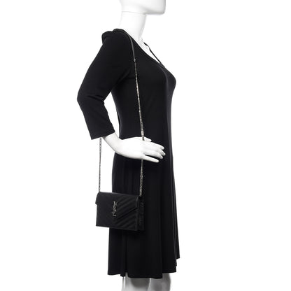 Saint Laurent Grain De Poudre Matelasse Chevron Monogram Envelope Chain Wallet Black 2 of 10