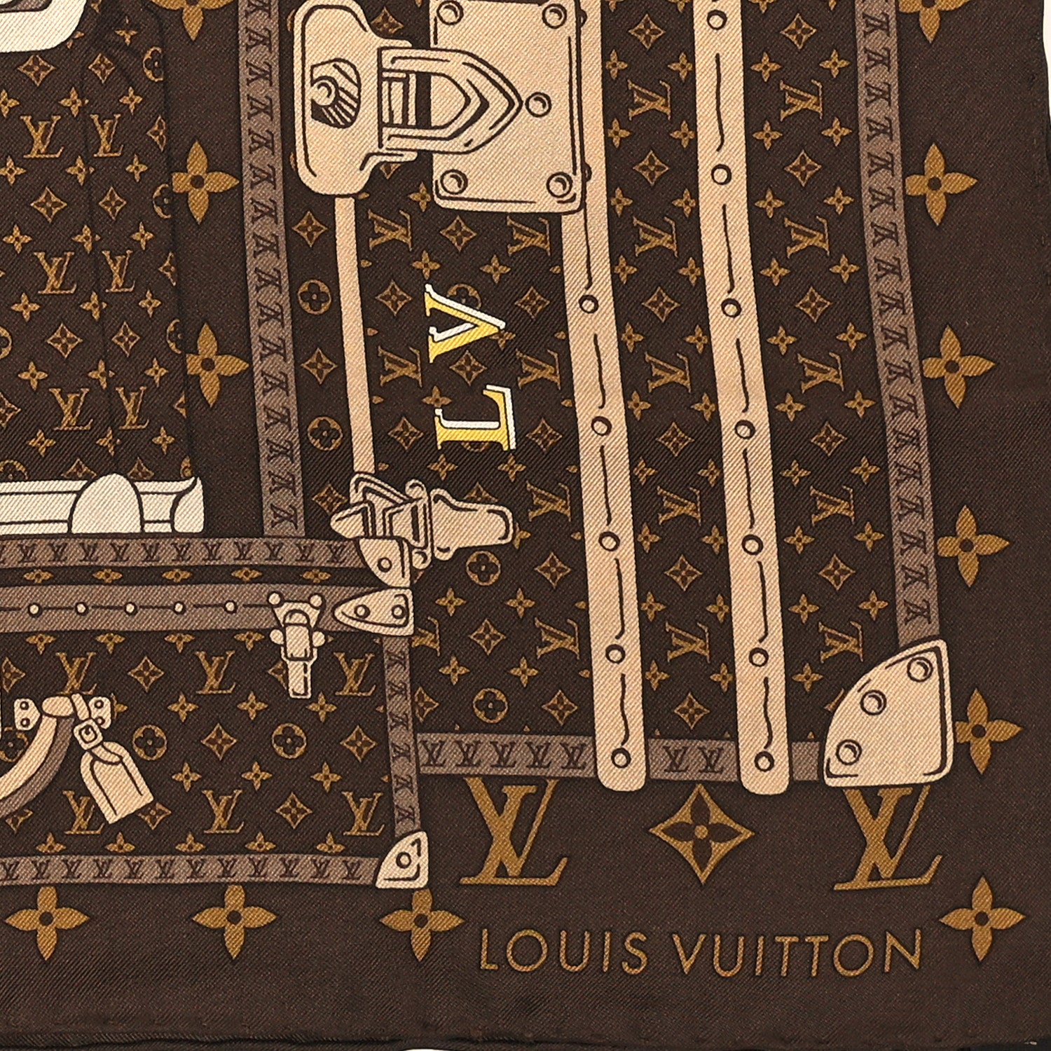 Louis Vuitton Silk Monogram Trunks Square Scarf Marroon 2 of 3