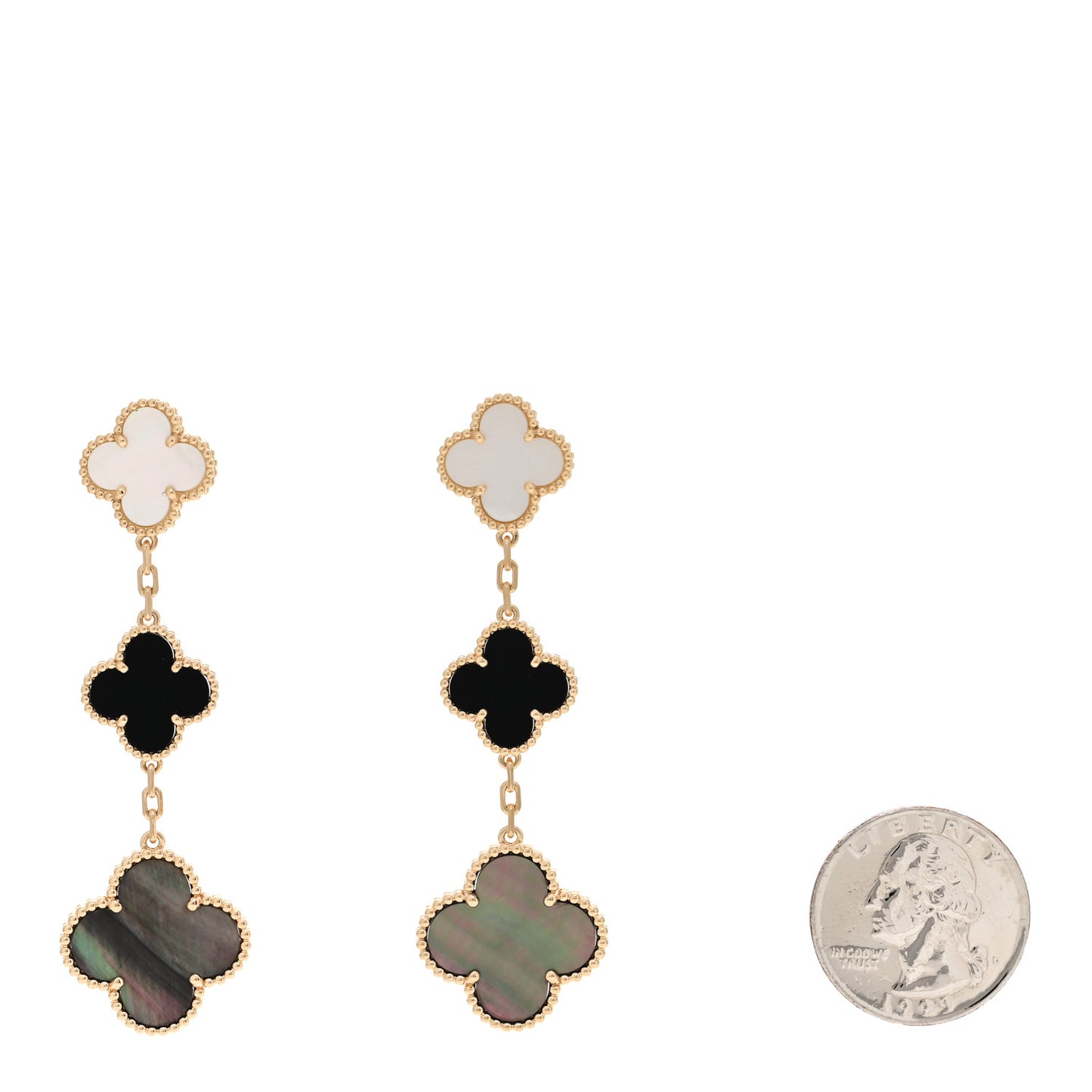 18K Yellow Gold Mother of Pearl Black Onyx 3 Motifs Magic Alhambra Earrings