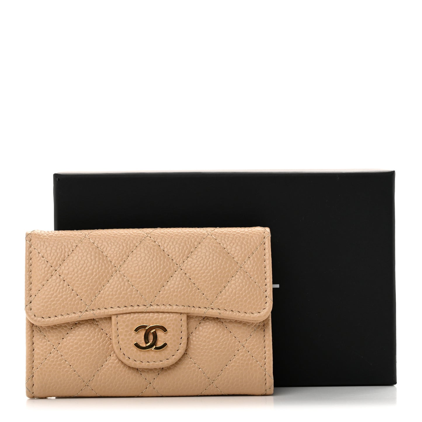 Caviar Quilted Flap Card Holder Wallet Beige