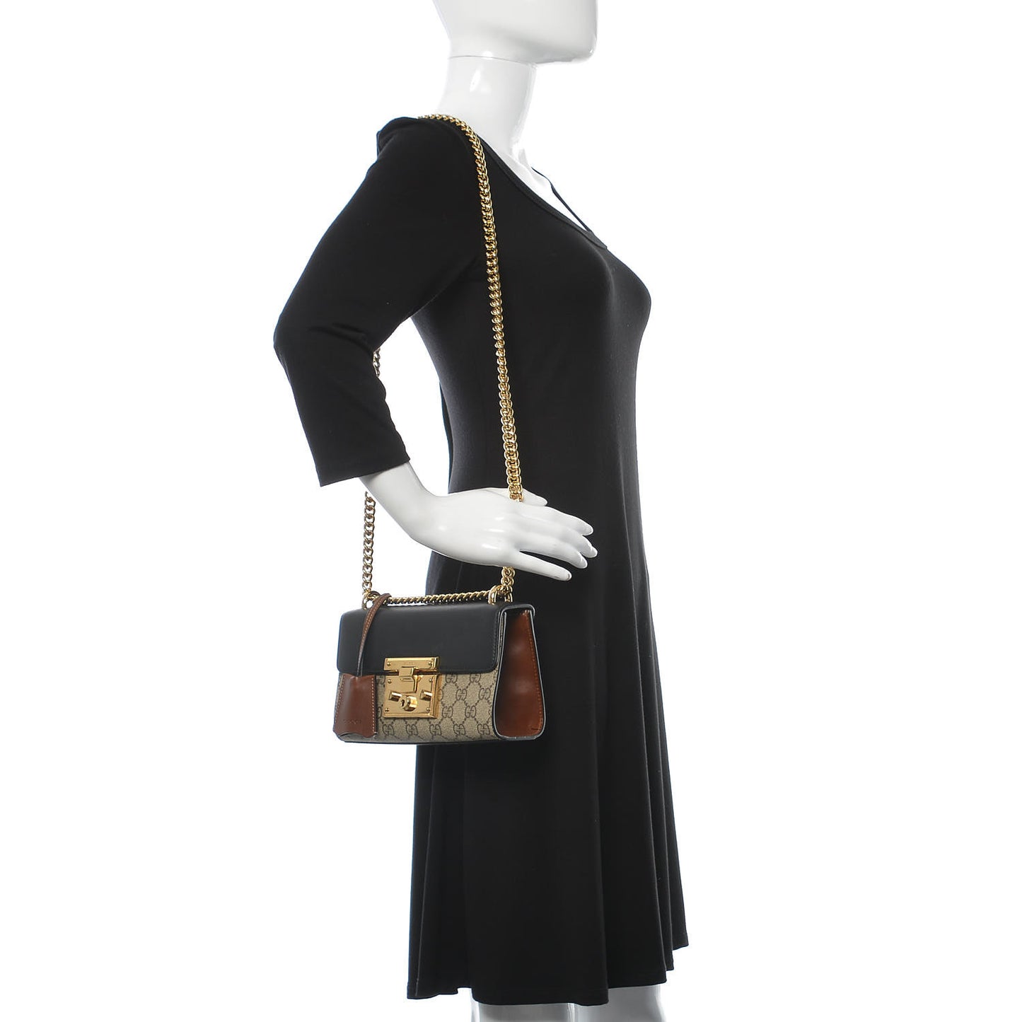 GG Supreme Monogram Calfskin Small Padlock Shoulder Bag Beige Black Cuir