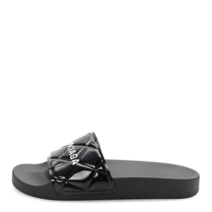 Balenciaga Patent Rubber Logo Womens Pool Slide Sandals 38 Black White 1 of 9