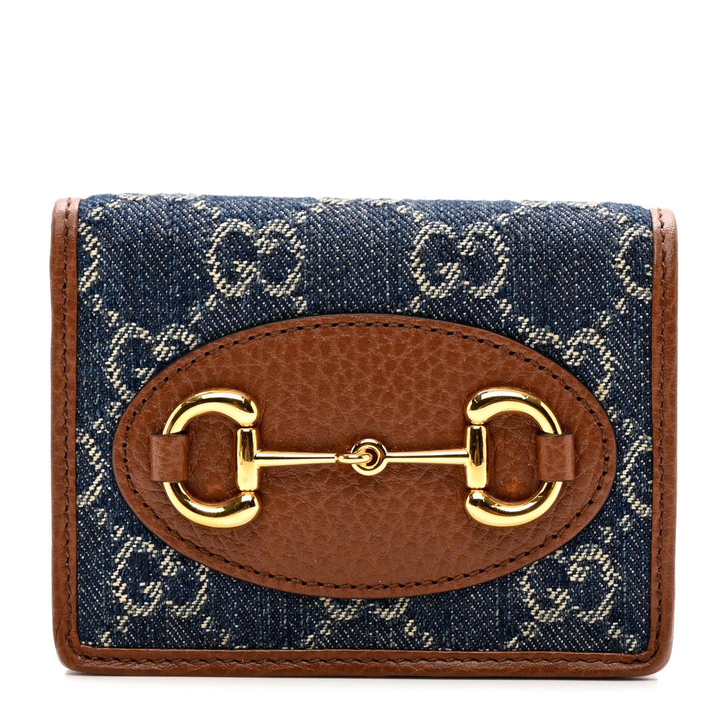 New Denim GG Monogram Dollar Calfskin Horsebit 1955 Card Case Wallet Blue Tea Cuir Epilog