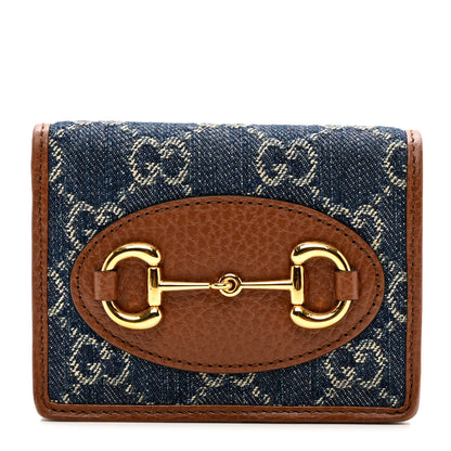 Gucci New Denim GG Monogram Dollar Calfskin Horsebit 1955 Card Case Wallet Blue Tea Cuir Epilog 1 of 7
