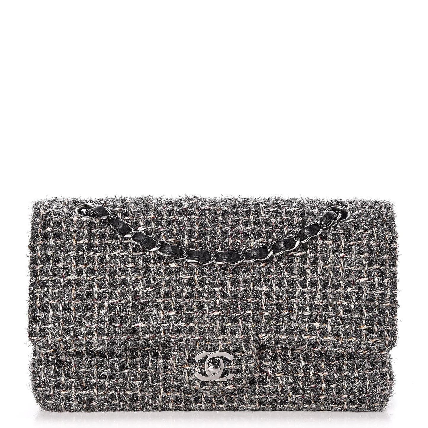 Metallic Tweed Medium Double Flap Black White