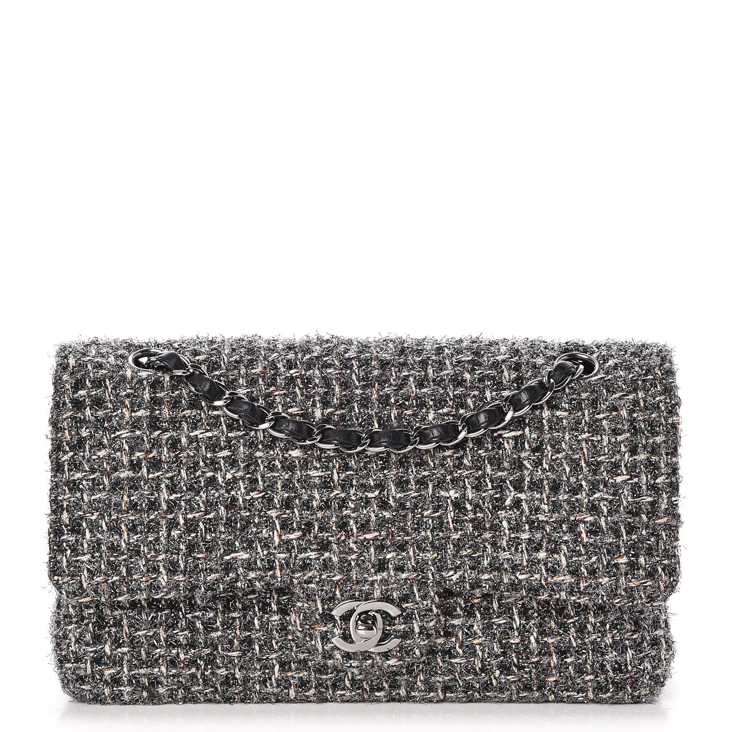 Chanel Metallic Tweed Medium Double Flap Black White 1 of 8