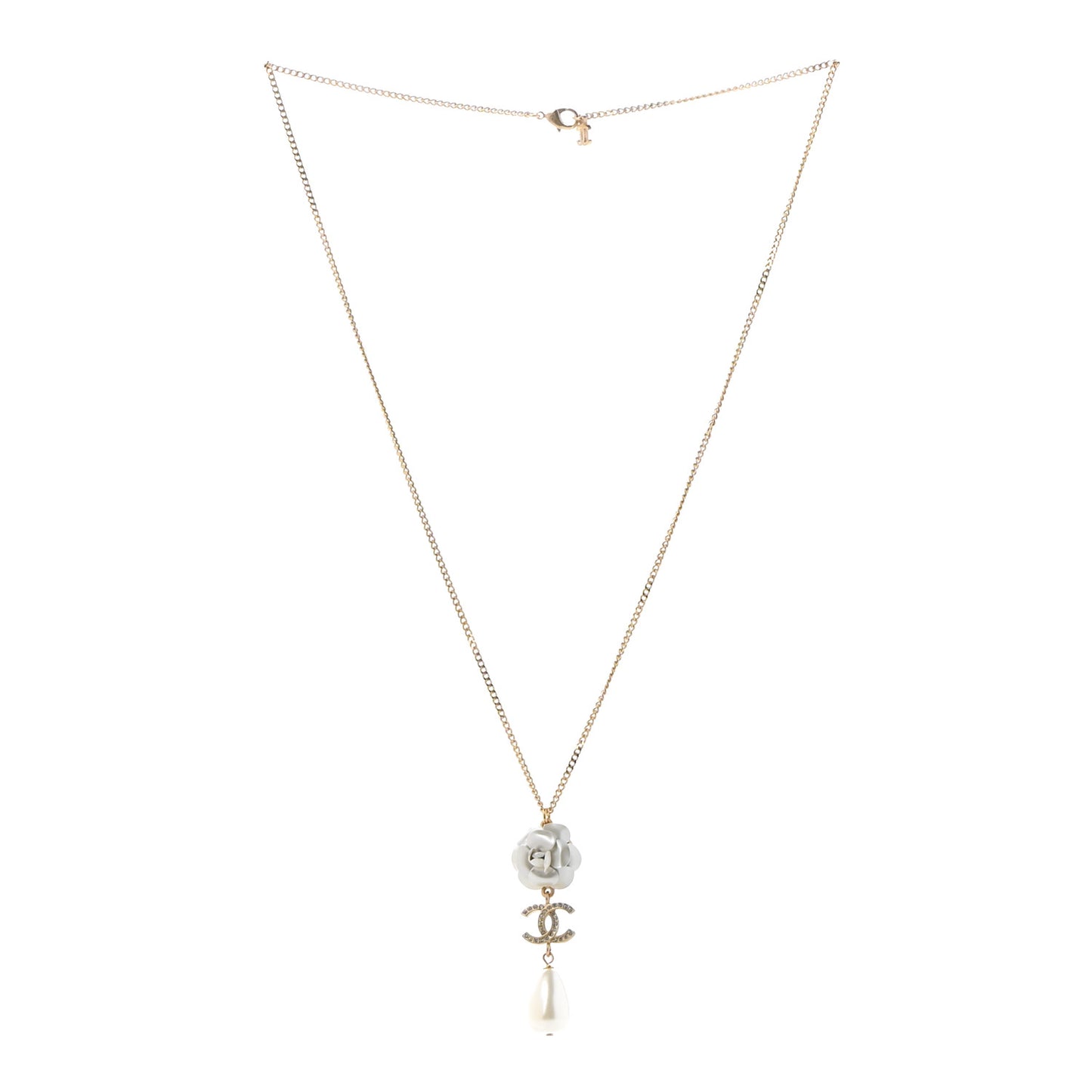 Crystal Pearl CC Camellia Flower Necklace Gold