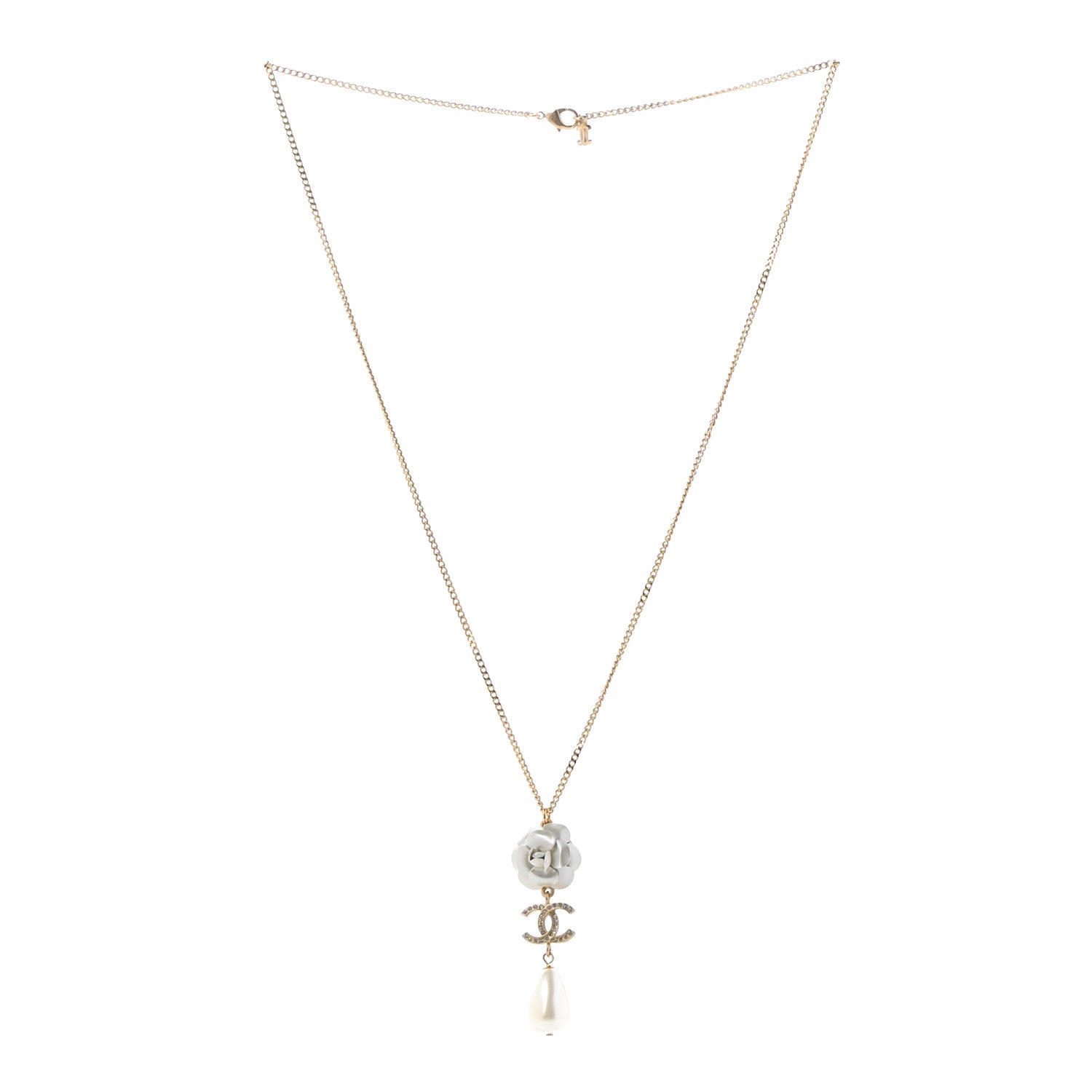 Chanel Crystal Pearl CC Camellia Flower Necklace Gold 3 of 6