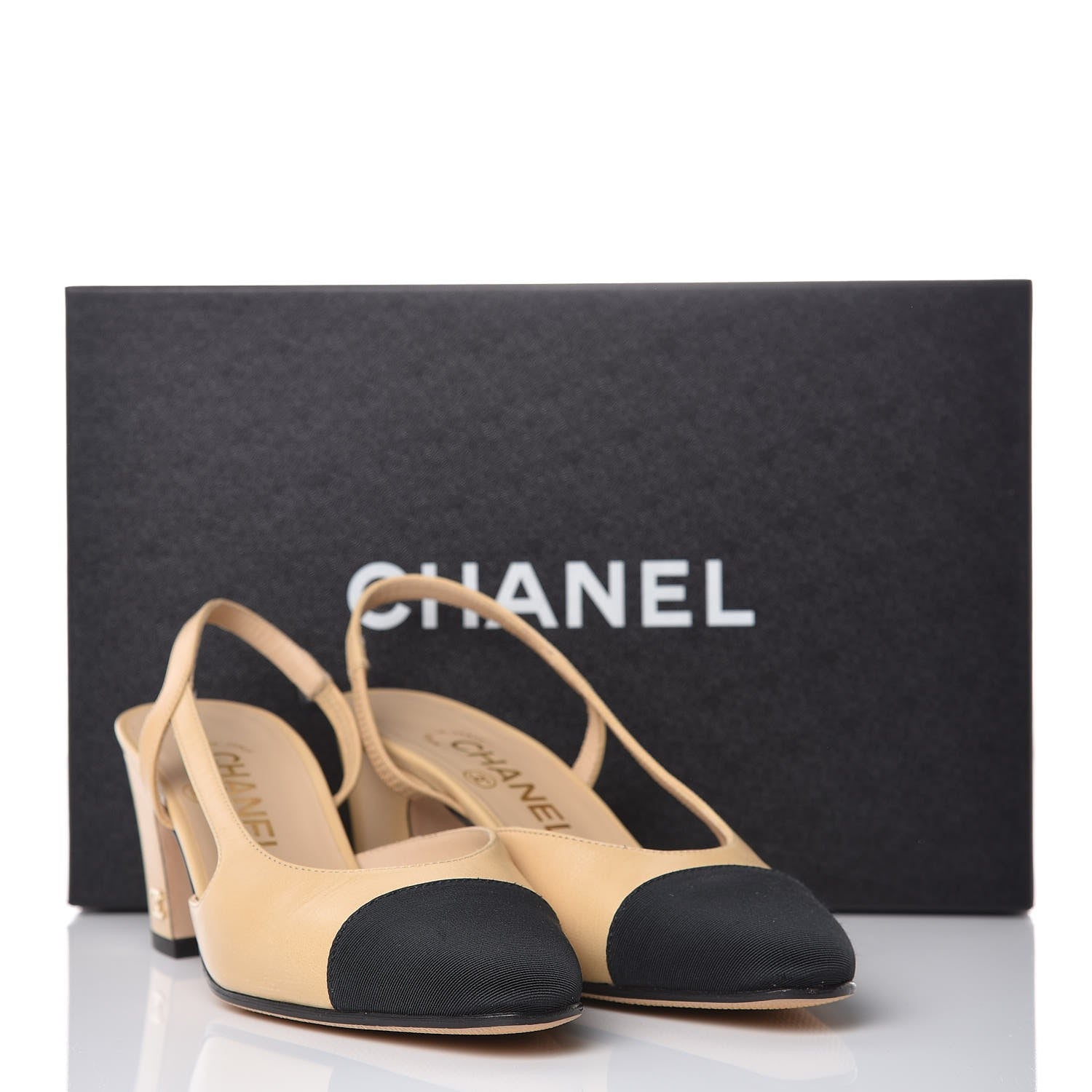 Chanel Goatskin Grosgrain Cap Toe CC Slingback Pumps 35 Beige Black 9 of 9
