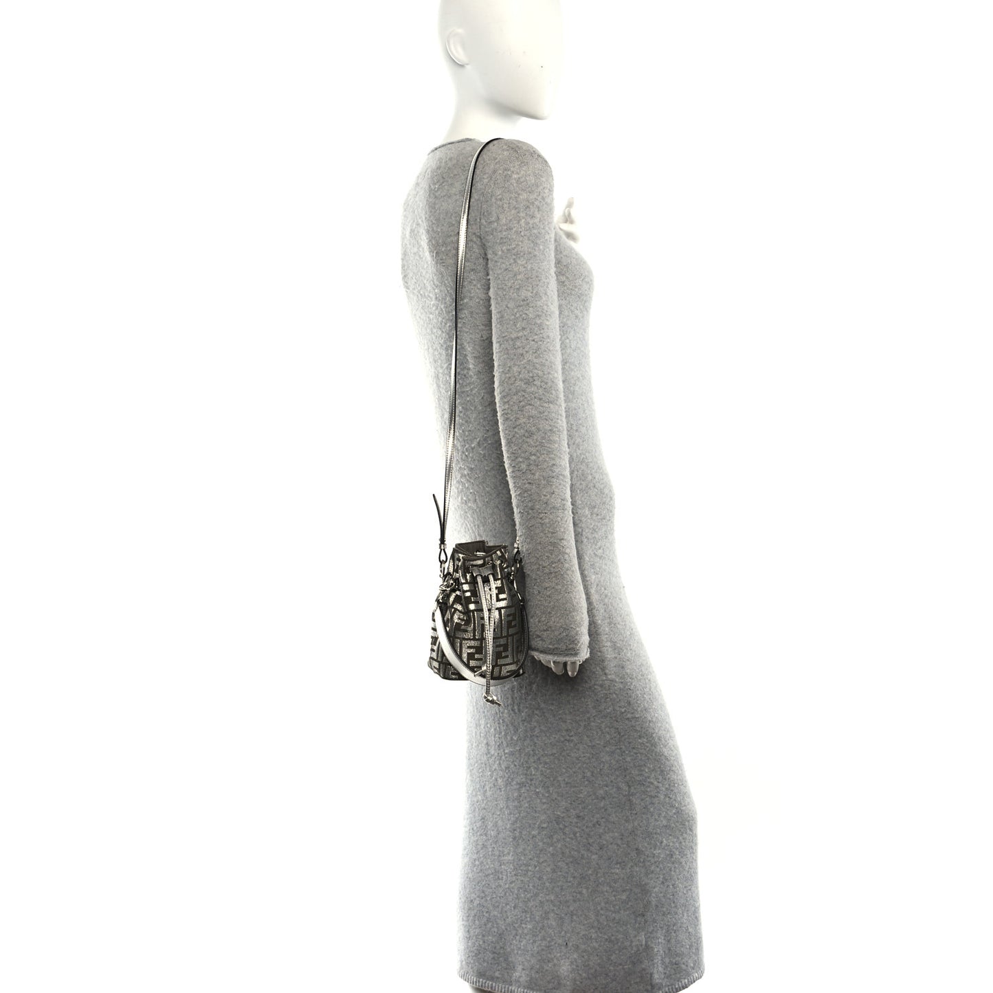 Vitello Catalan Mirror Canvas Fabric Jacquard FF 1974 Mini Mon Tresor Bucket Bag Ebano Argento
