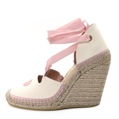 Gucci Canvas Grossgrain Embroidered Judit Ankle Wrap Platform 35/120mm Espadrille Wedges 40.5 White Shell 1 of 10