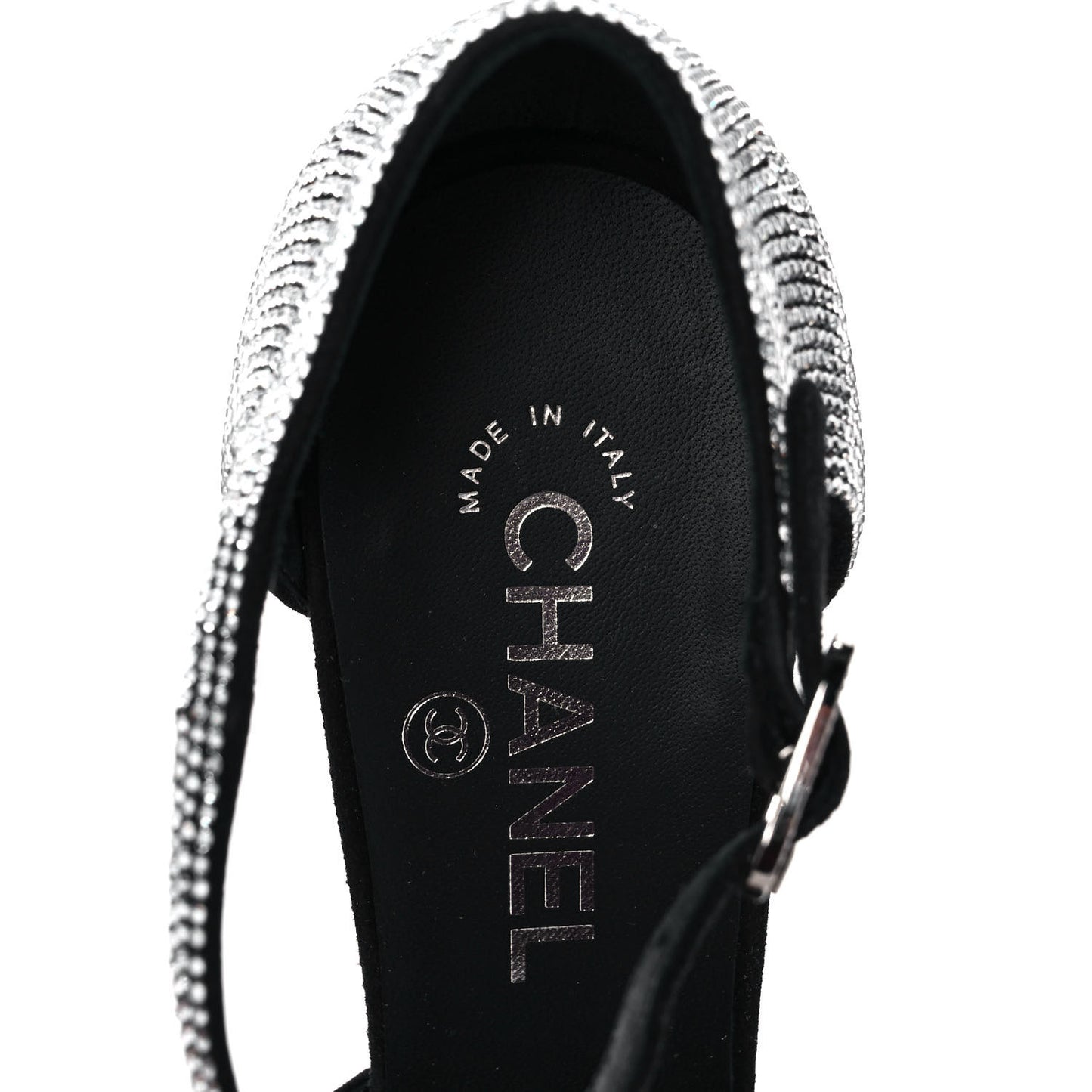 Crystal Cap Toe CC Wedge Ankle Strap Pumps 38 Silver Black