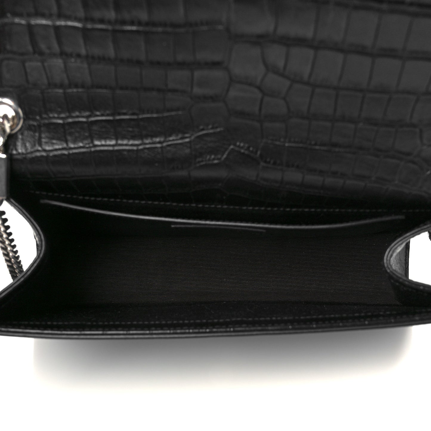 Calfskin Crocodile Embossed Medium Classic Monogram Kate Tassel Satchel Black