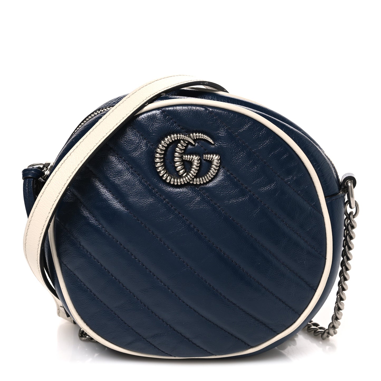 Azalea Calfskin Matelasse Diagonal Mini Torchon GG Marmont Round Shoulder Bag Blue Agata Mystic White