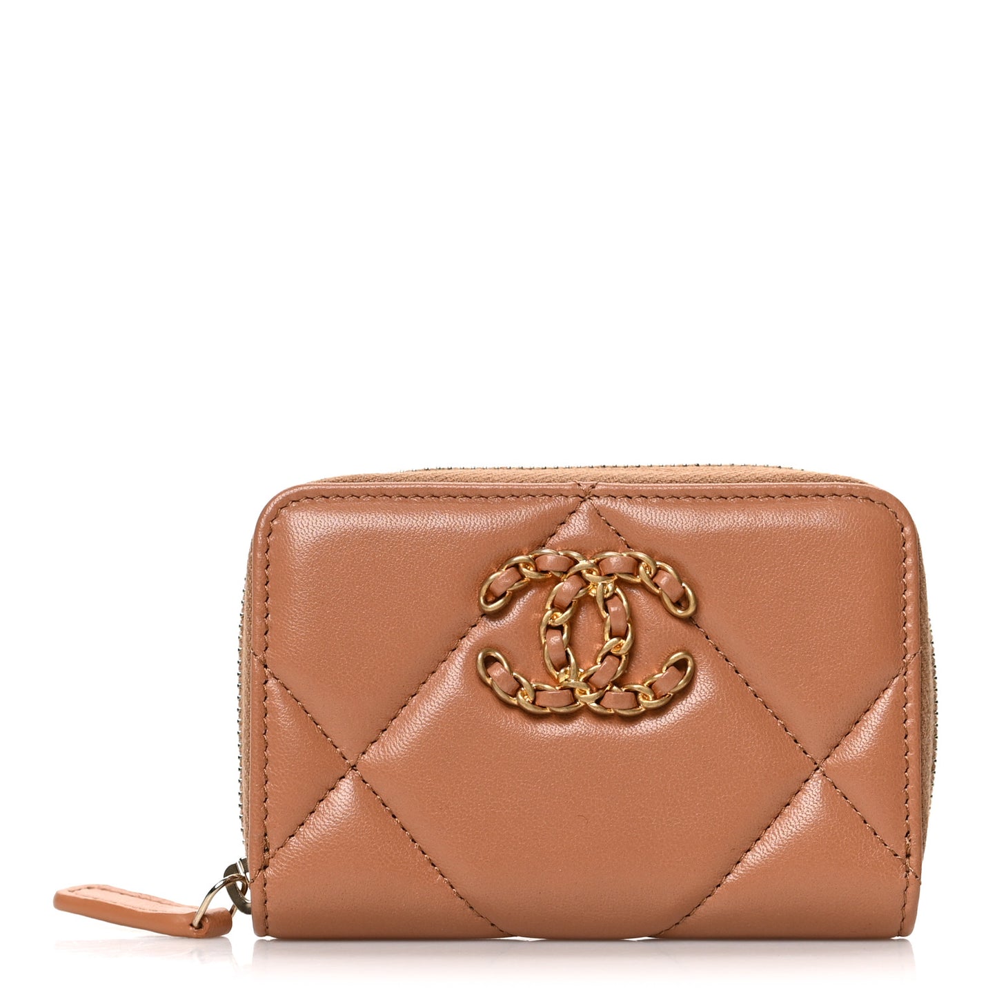 Lambskin Quilted Chanel 19 Zip Around Coin Purse Wallet Brown