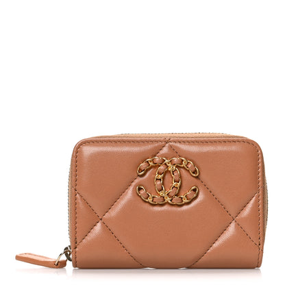 Chanel Lambskin Quilted Chanel 19 Zip Around Coin Purse Wallet Brown 1 of 7