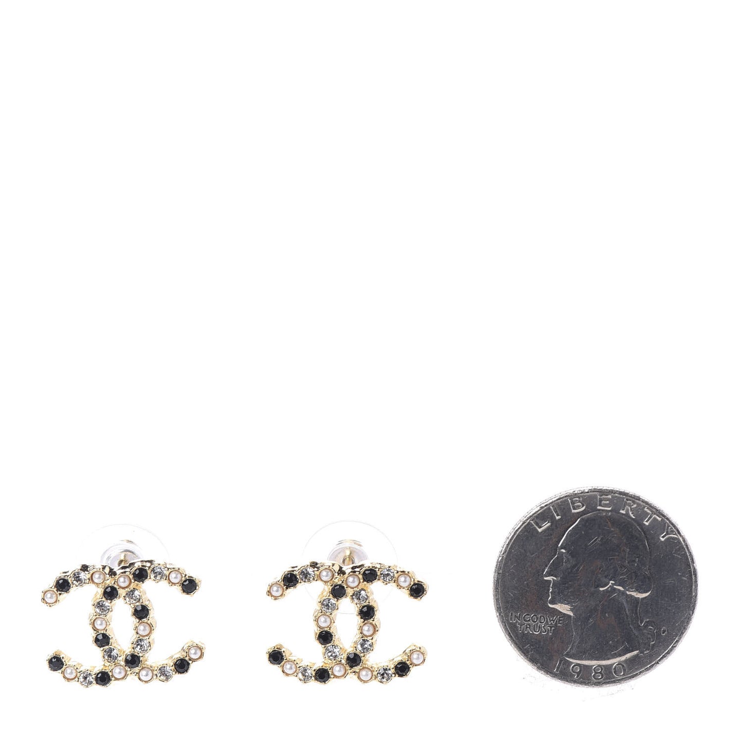 Resin Pearl Crystal CC Earrings Gold Black