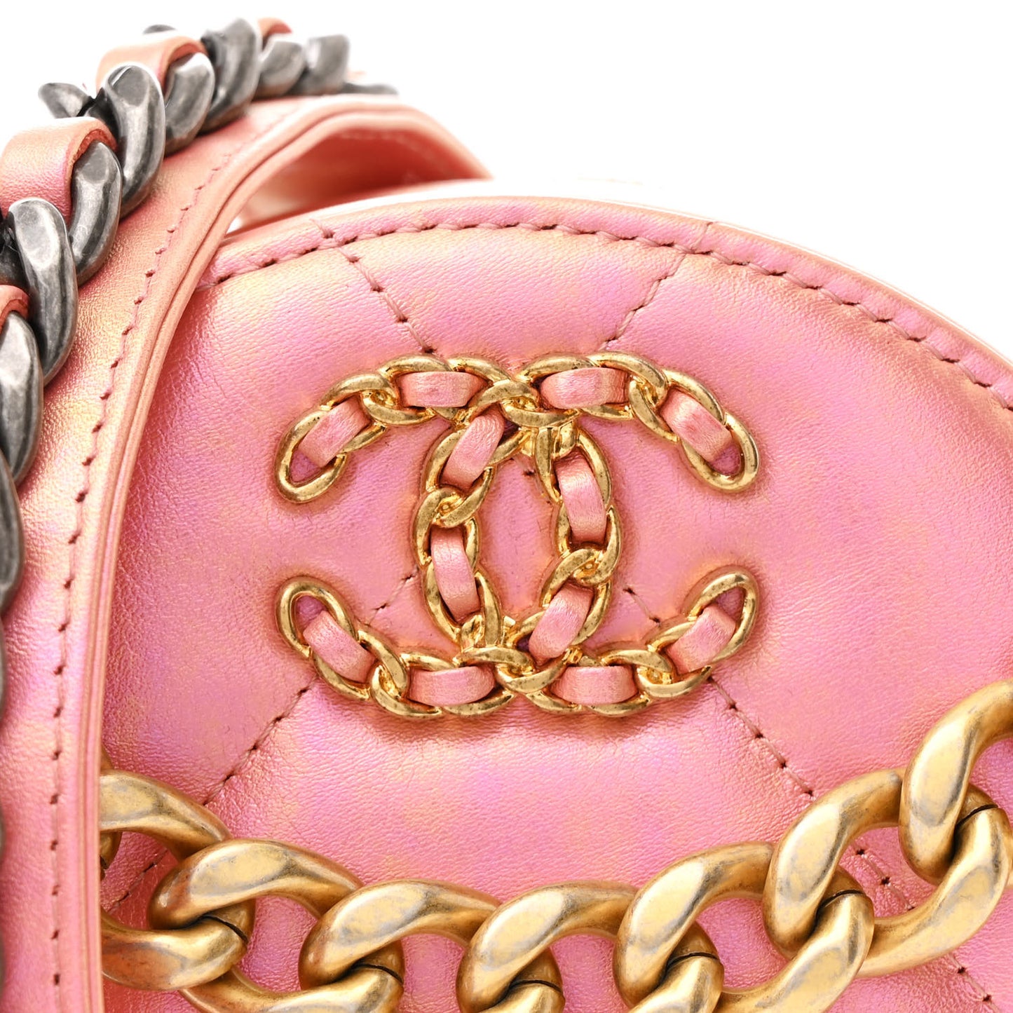 Iridescent Calfskin Quilted Chanel 19 Round Clutch With Chain Pink