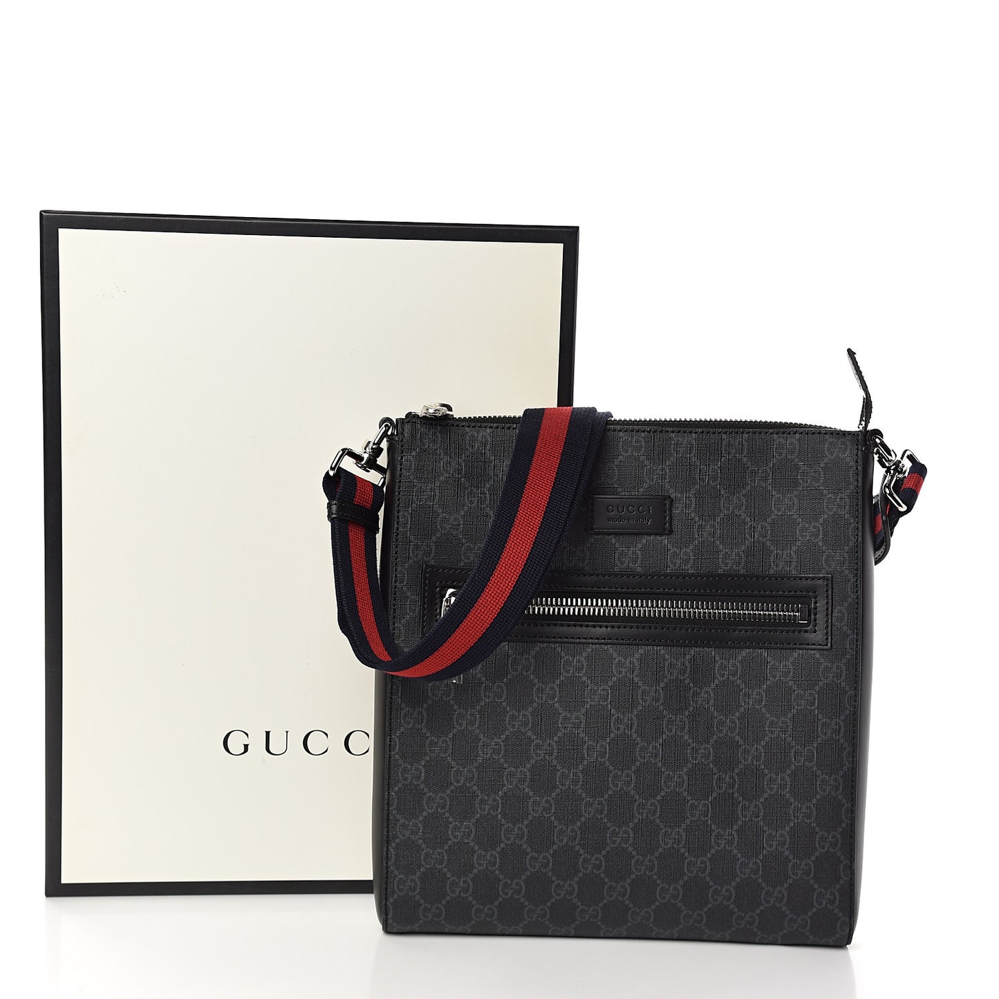 GG Supreme Monogram Appia Calfskin Web Flat Messenger Bag Black Grey