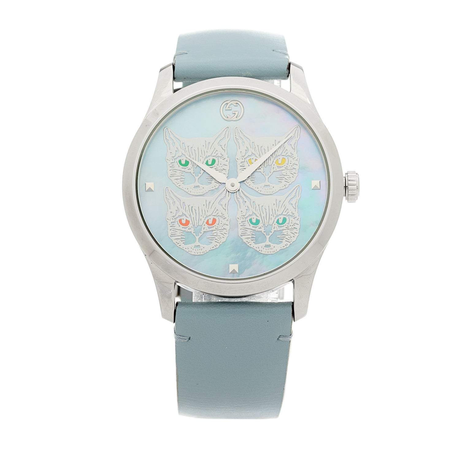 Gucci Stainless Steel Calfskin Blue Mother of Pearl 38mm G-Timeless Cat Quartz Watch 1 of 4