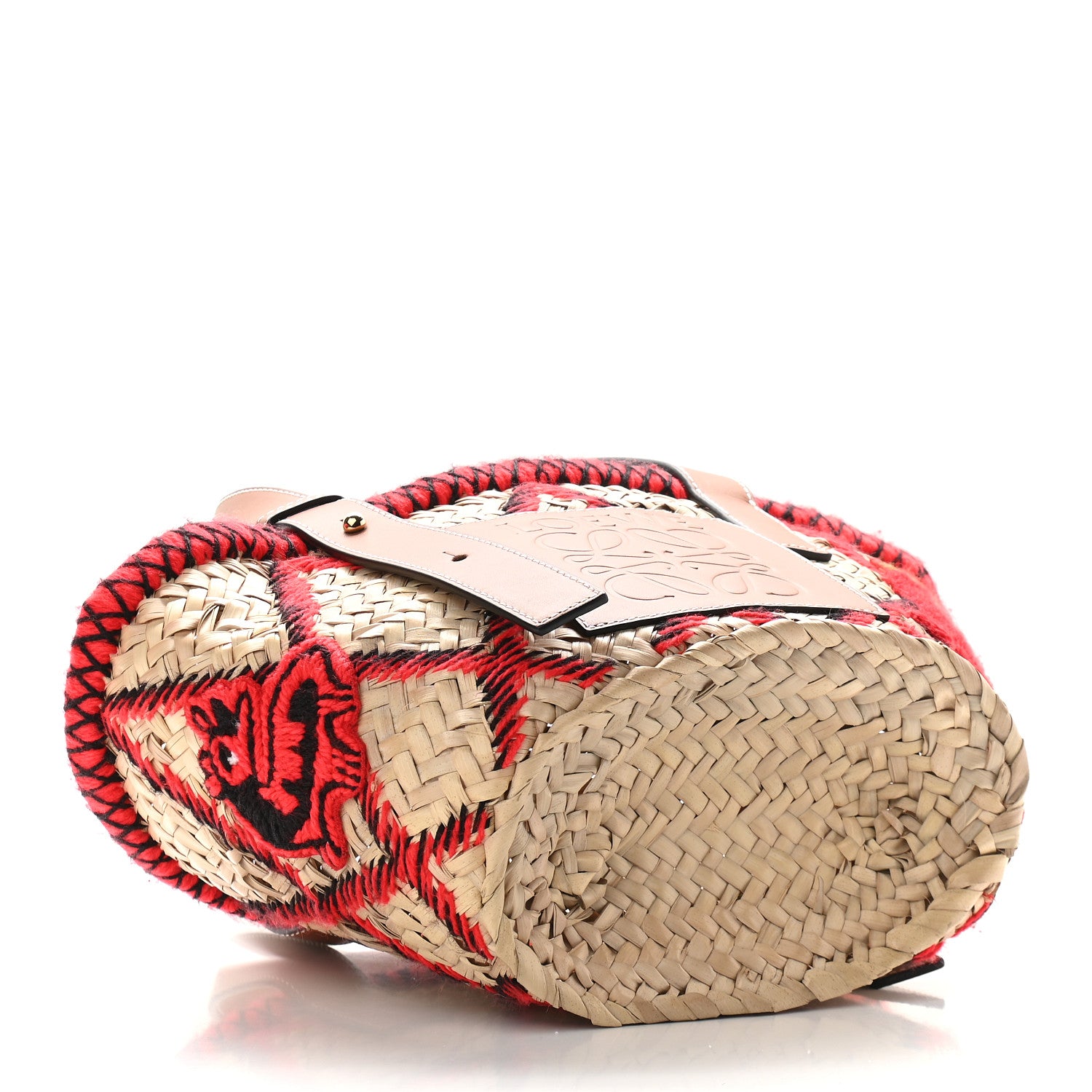 Loewe Embroidered Raffia Basket Tote Bag Natural Tan Red 4 of 8