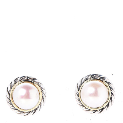 David Yurman Sterling Silver 18K Yellow Gold Pearl 10mm Cable Earrings 1 of 4