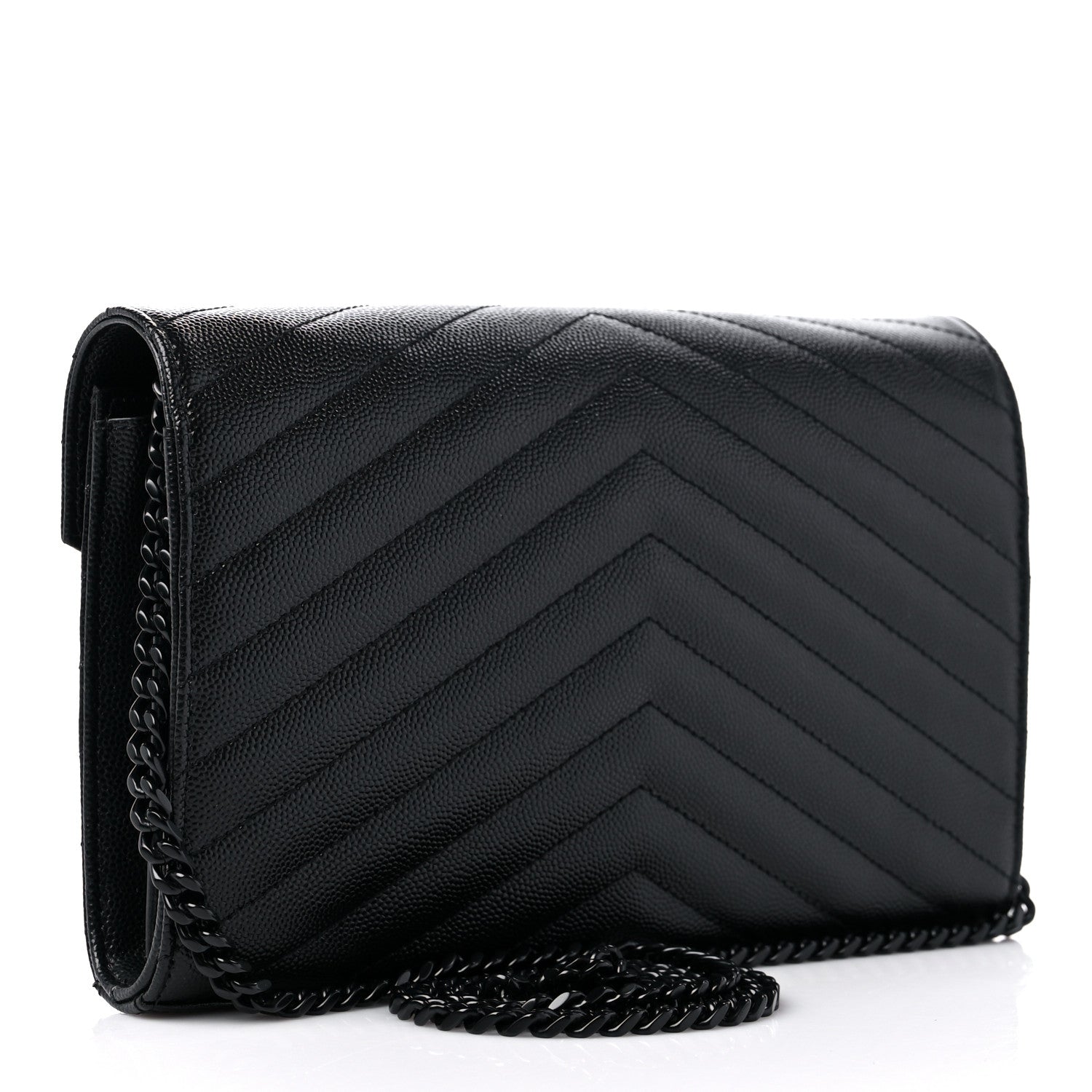 Saint Laurent Grain De Poudre Matelasse Chevron Monogram Monochrome Chain Wallet Black 3 of 9