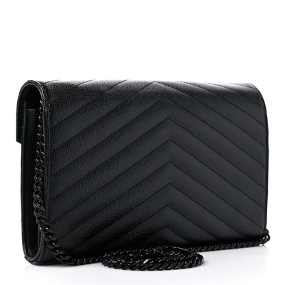 Saint Laurent Grain De Poudre Matelasse Chevron Monogram Monochrome Chain Wallet Black 3 of 9