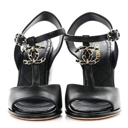 Chanel Lambskin Quilted Chain CC Wedge Sandals 36 Black 2 of 9