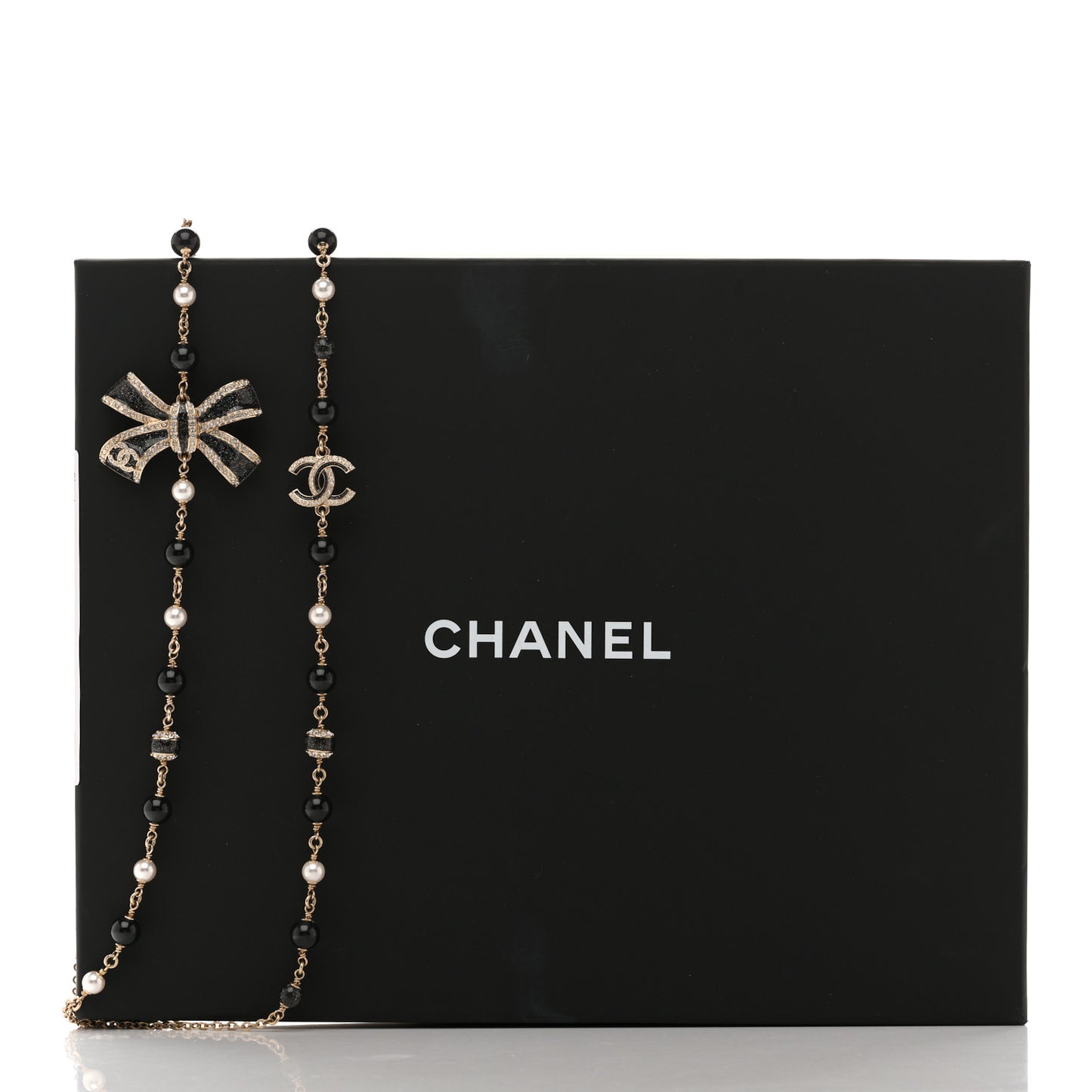 Glitter Enamel Crystal Bow CC Long Necklace Black Gold