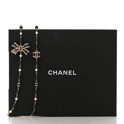 Chanel Glitter Enamel Crystal Bow CC Long Necklace Black Gold 6 of 6