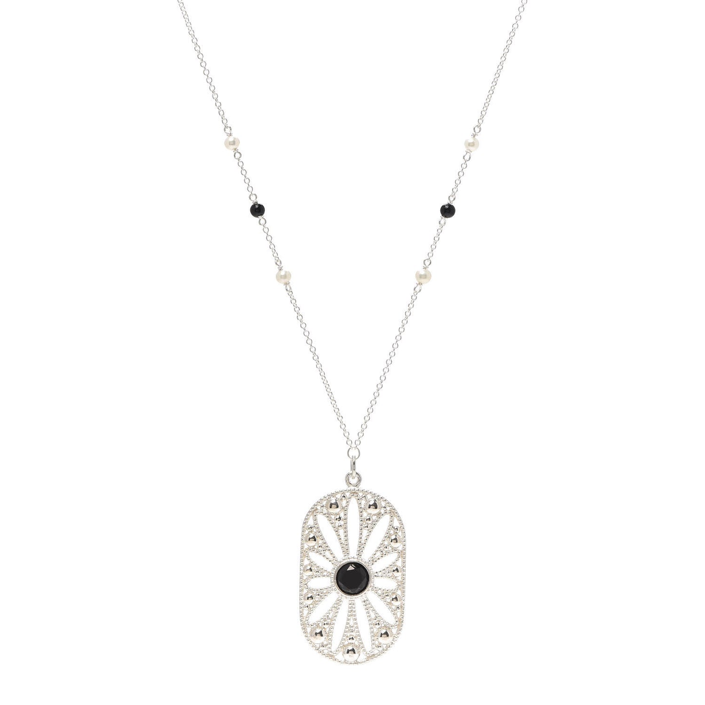 Sterling Silver Black Onyx Pearl Ziegfeld Daisy Pendant Necklace