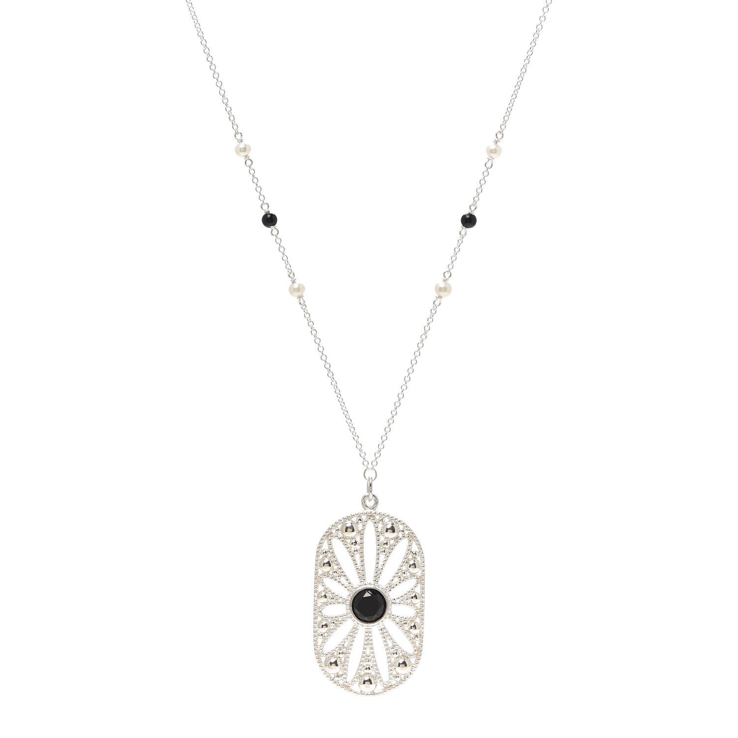 Tiffany Sterling Silver Black Onyx Pearl Ziegfeld Daisy Pendant Necklace 1 of 6