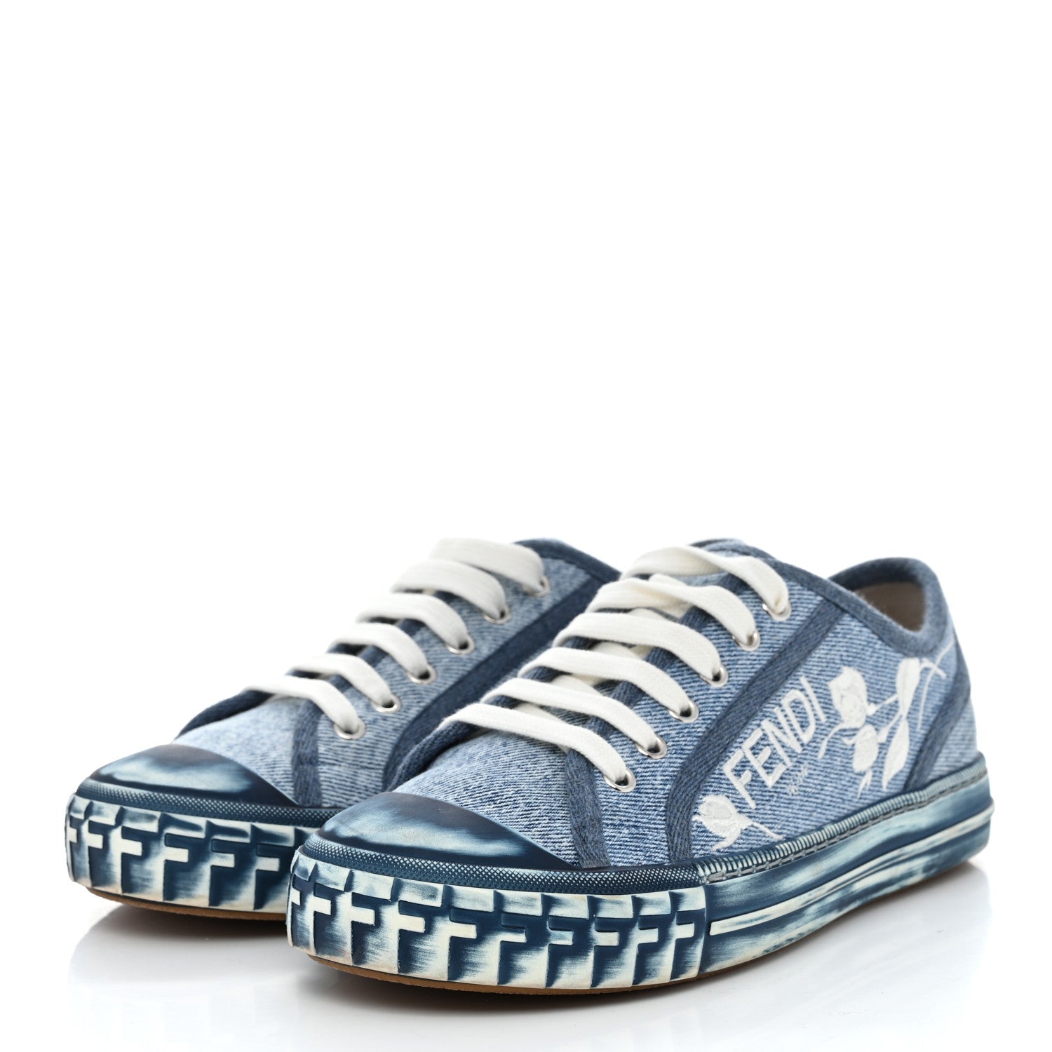 Fendi Denim Logo Rose Embroidered Womens Domino Low Top Sneakers 36 Denim White 3 of 8