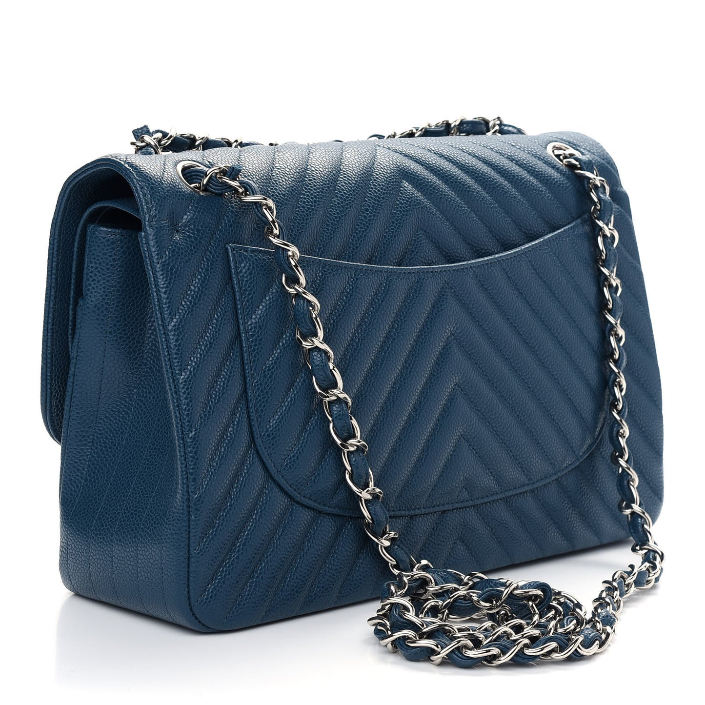 Caviar Chevron Quilted Jumbo Double Flap Blue