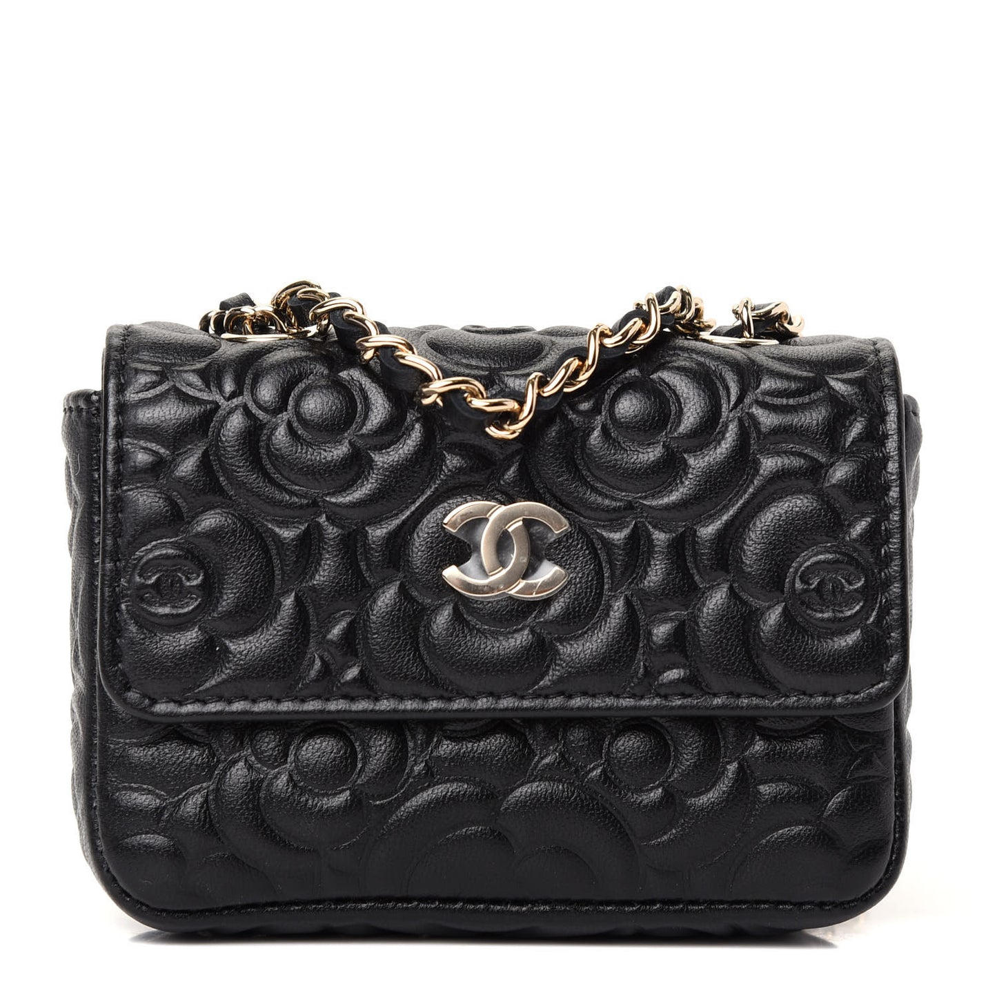 Lambskin Camellia Embossed Chain Belt Bag Black