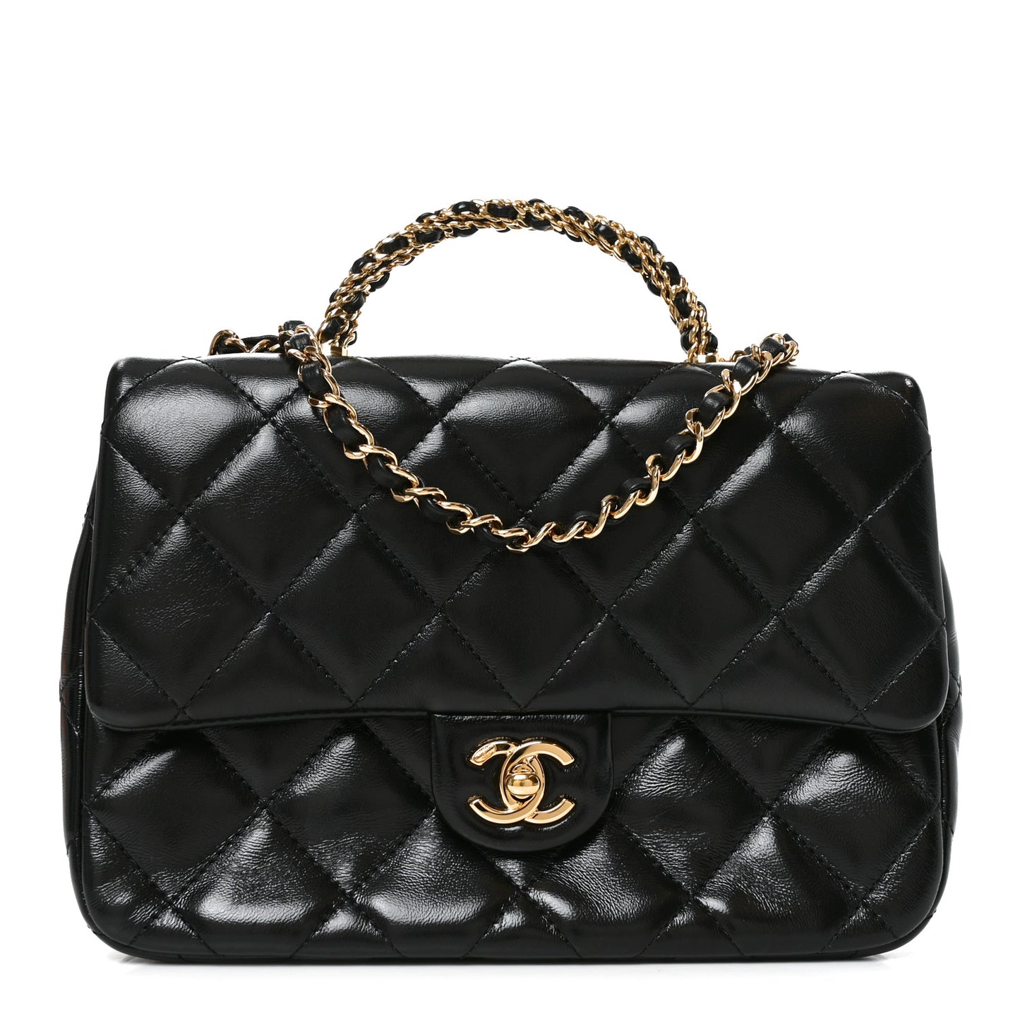 Shiny Lambskin Quilted Twisted Links Top Handle Flap Black