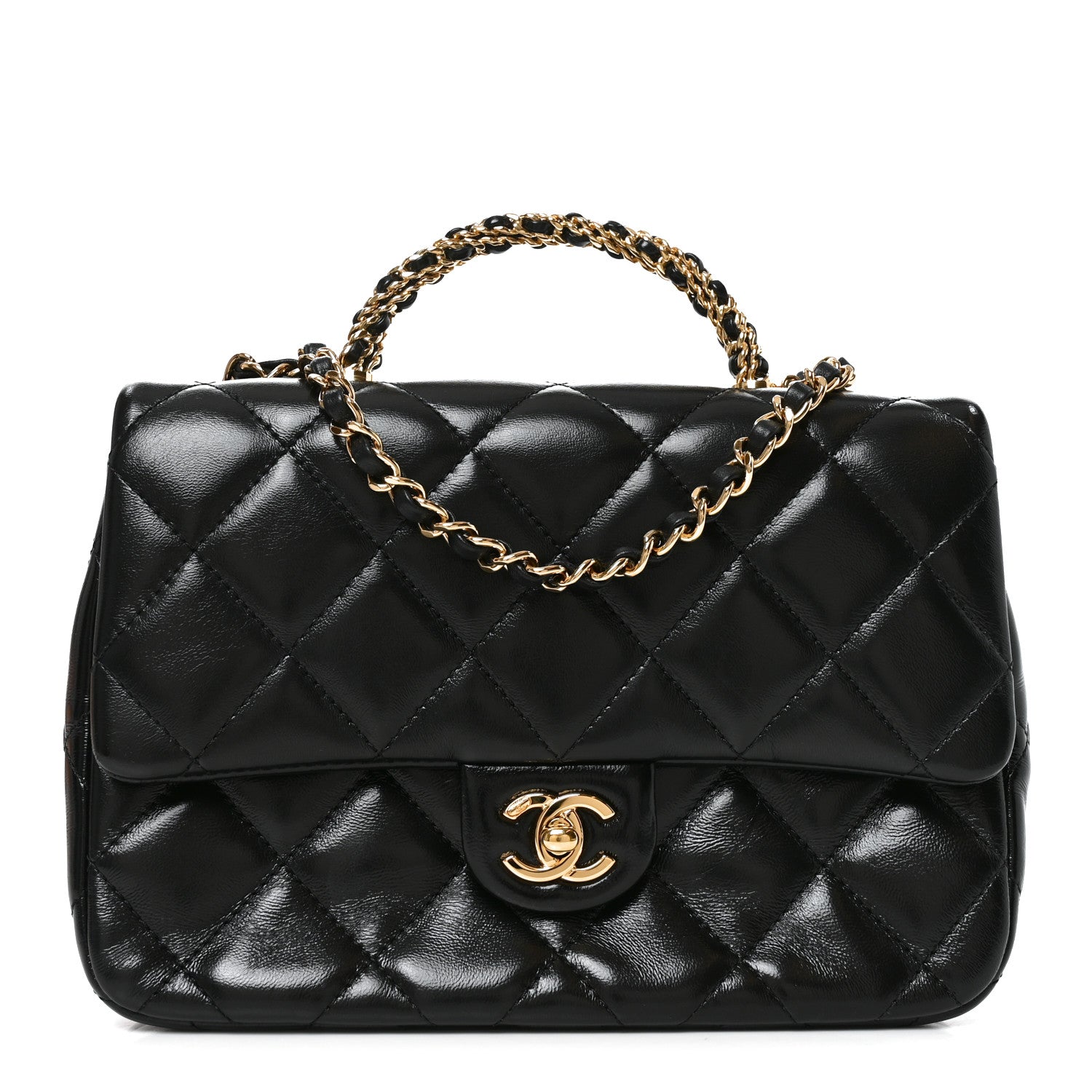 Chanel Shiny Lambskin Quilted Twisted Links Top Handle Flap Black 1 of 10