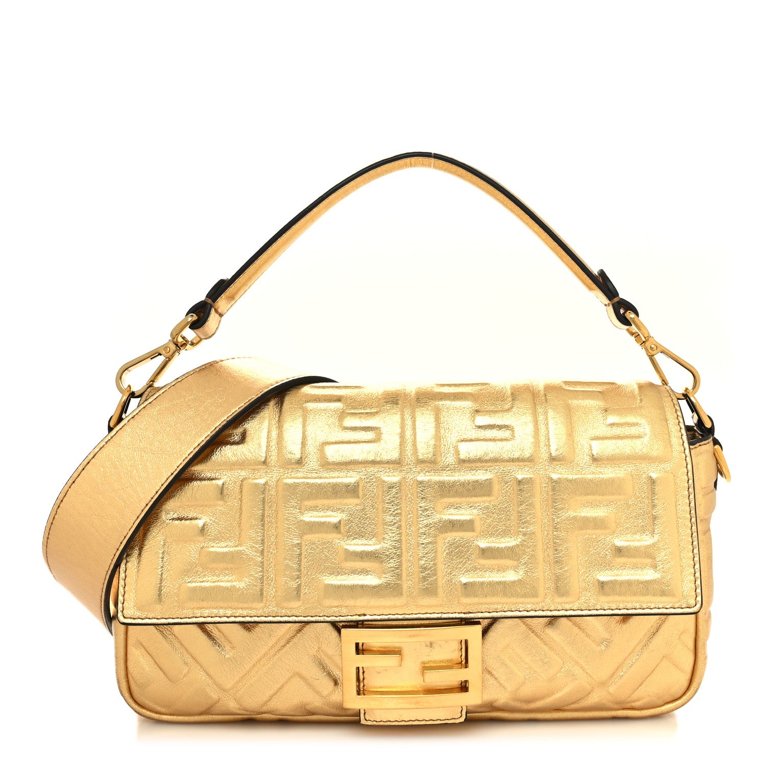 Fendi Vitello Catalan Mirror FF 1974 Embossed Baguette Gold 1 of 11